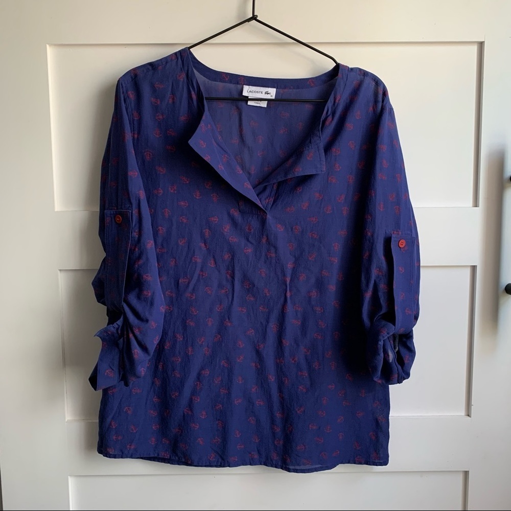 LACOSTE | EUC Navy & Red Anchor Blouse with Adjustable Sleeves sz 36 US Small